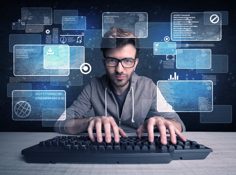 A confident young hacker working hard on solving online password codes concept with a computer keyboard and illustrated digital screen, numbers in the background A confident young hacker working hard on solving online password codes concept with a computer keyboard and illustrated digital screen, numbers in the background