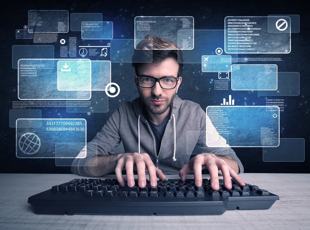 A confident young hacker working hard on solving online password codes concept with a computer keyboard and illustrated digital screen, numbers in the background