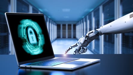 AI powered robot finger touching laptop keyboard with padlock cybersecurity hacking cyberattack