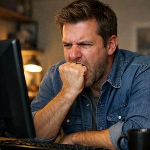 A man at his computer frustrated with his fist in his mouth-1