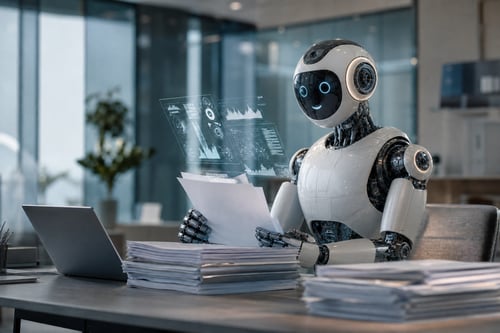 Friendly Cyberpunk Robot Doing Paperwork