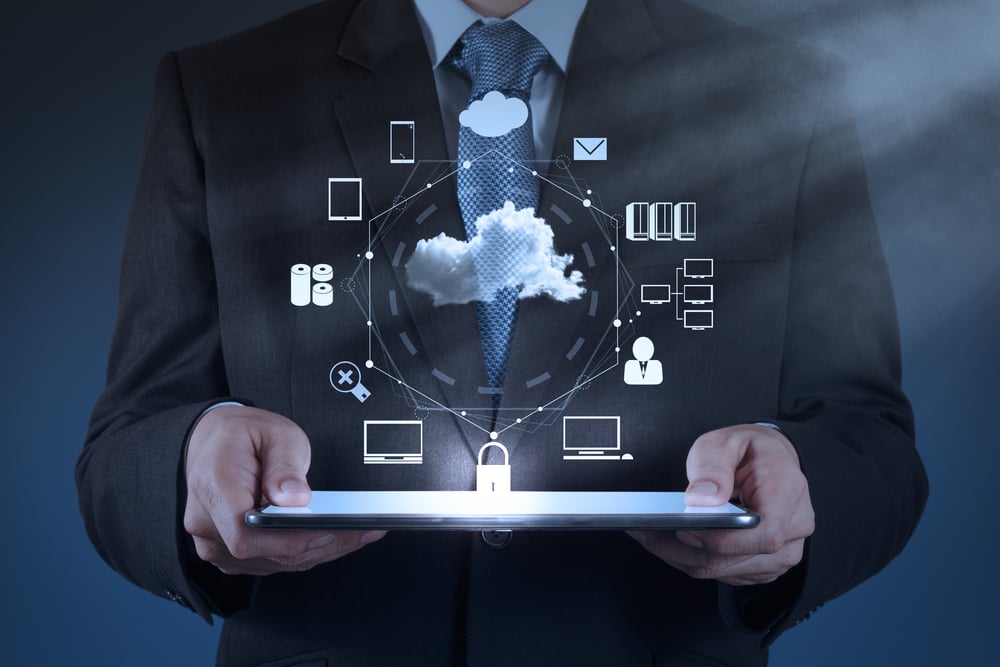 Businessman hand working with a Cloud Computing diagram on the new computer interface as concept-3