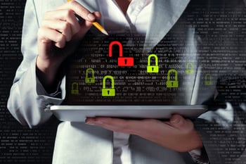Businesswoman holding tablet pc entering password. Security concept-4