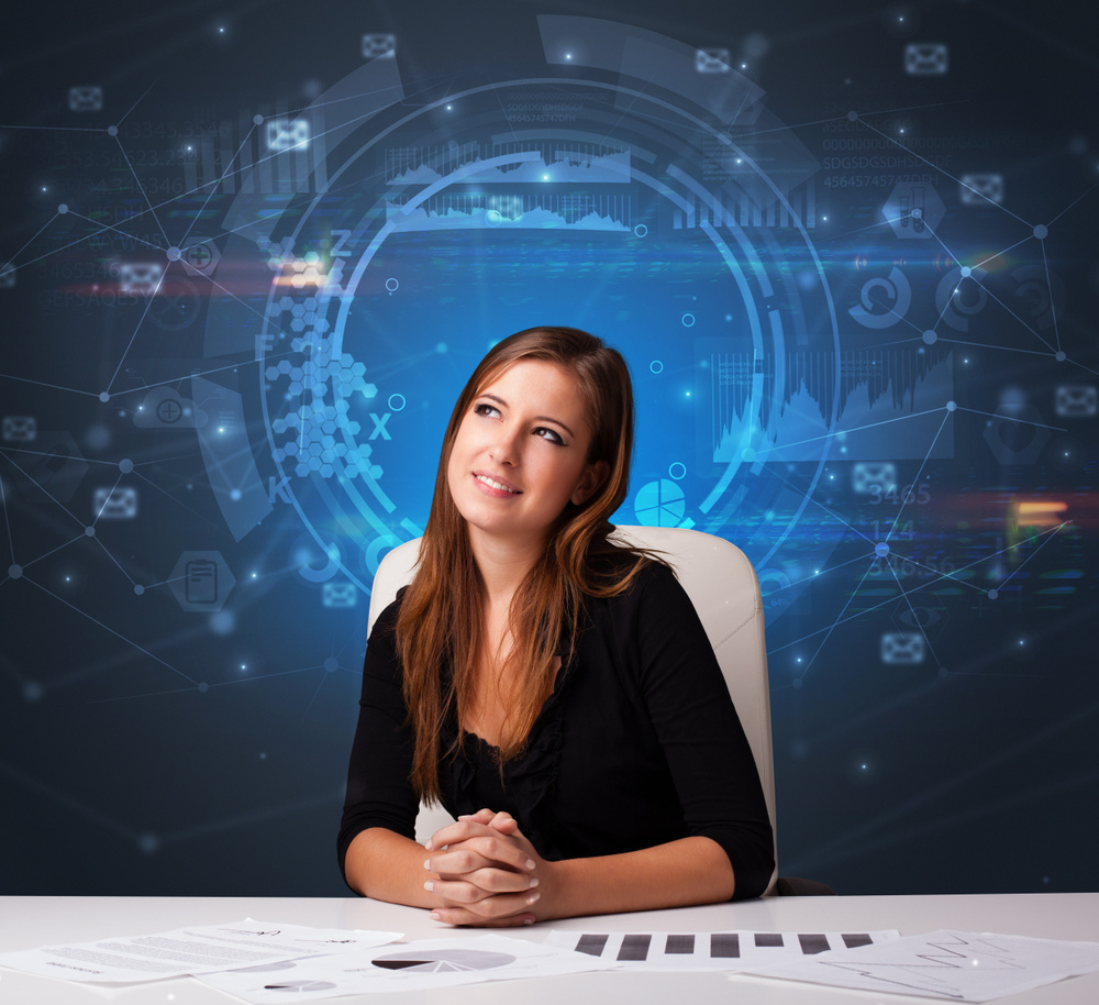 Manager in front of the office desk with connections and teamwork concept