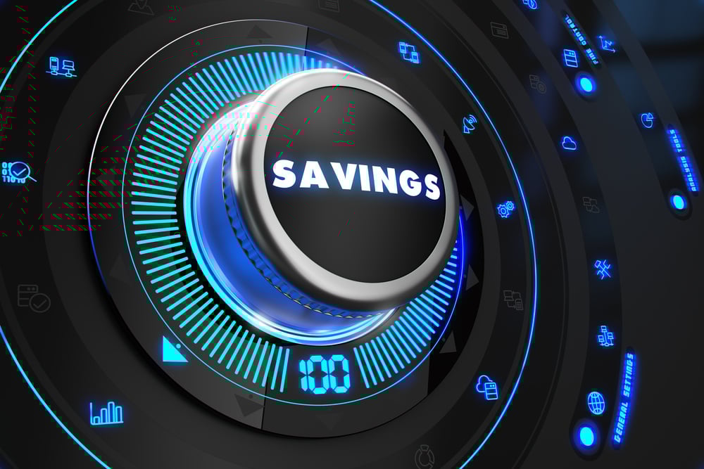 Savings Controller on Black Control Console with Blue Backlight. Improvement, regulation, control or management concept.-1