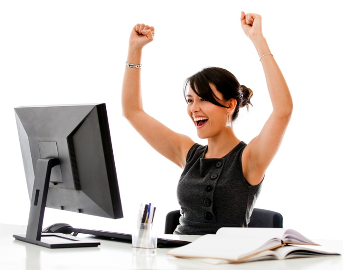 Successful business woman with arms up - isolated over a white background-2