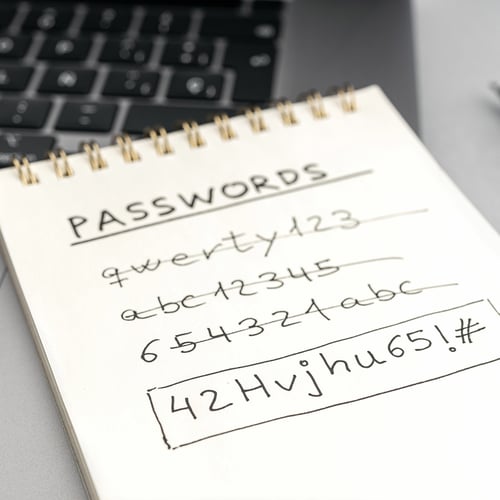 notepad easy passwords crossed out, difficult characters strong hard-to-guess for online security