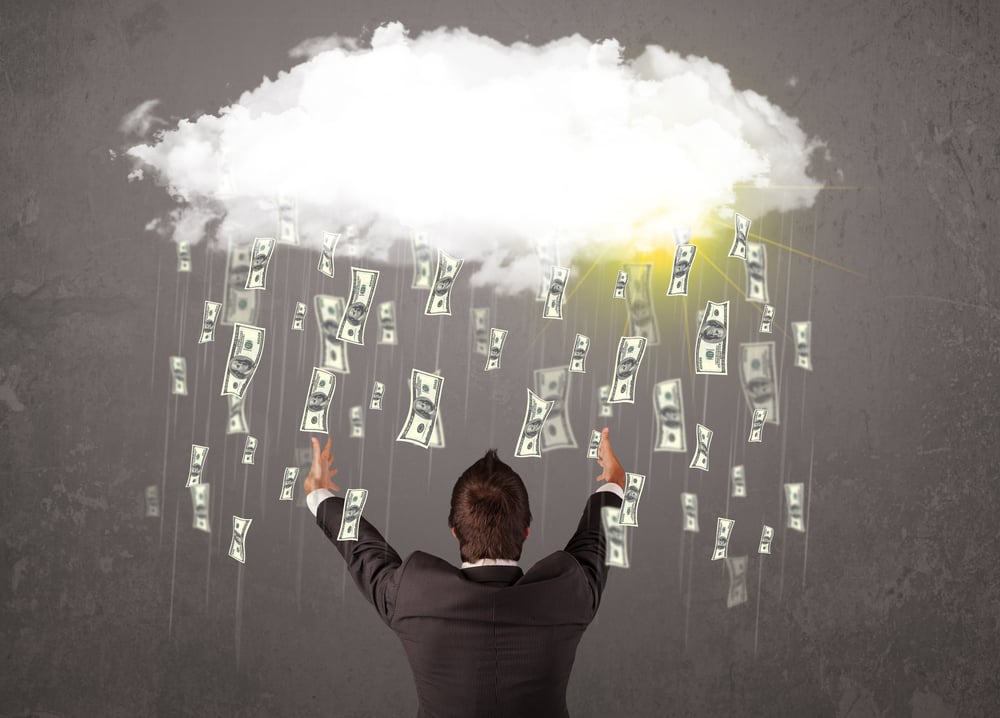 Business man in suit looking at cloud with falling money and sun-1