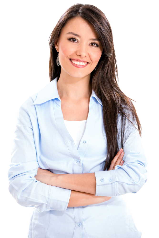 Casual business woman smiling - isolated over a white background