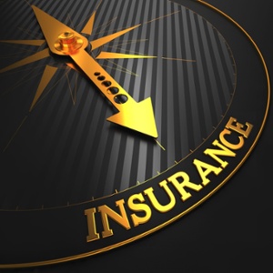 Insurance - Business Background. Golden Compass Needle on a Black Field Pointing to the Insurance Word.-1-1