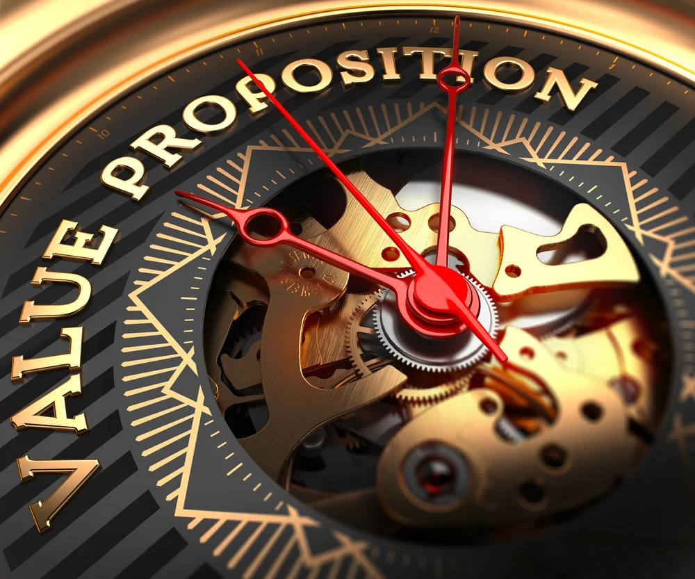 Value Proposition on Black-Golden Watch Face with Closeup View of Watch Mechanism