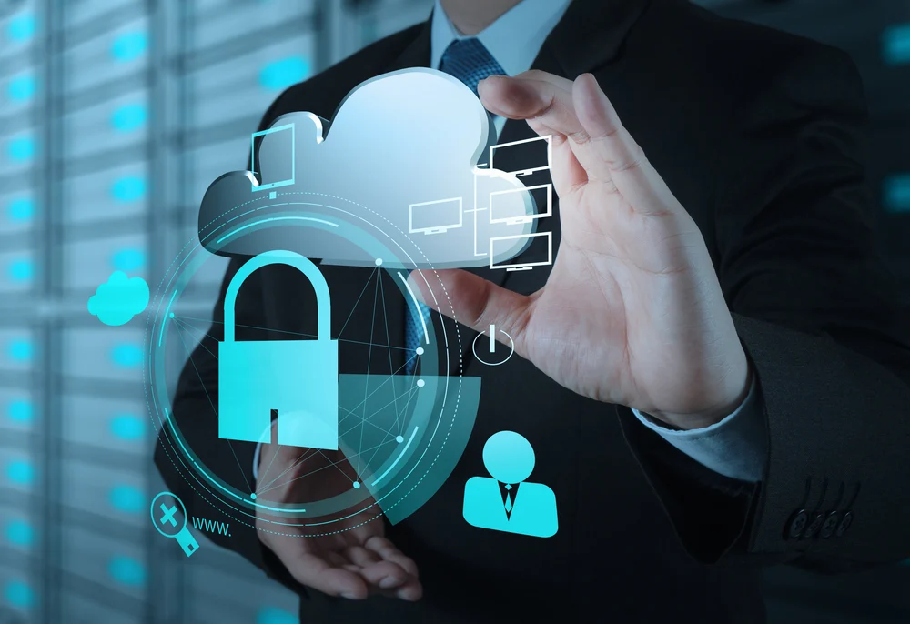 businessman hand show 3d cloud icon with padlock as Internet security online business concept-1-1